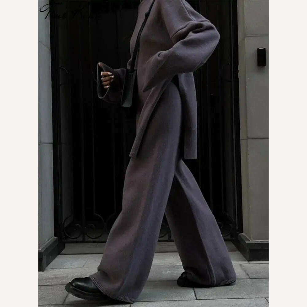 Elegant Knit Two Piece Set Women Turtleneck Side Split Sweater Long Sleeve Wide Leg Pants Female Sets 2023 Winter Loose Suit - KIMLUD