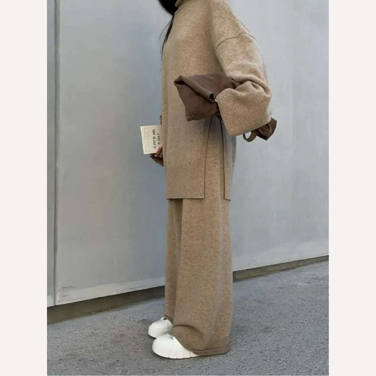 Elegant Knit Two Piece Set Women Turtleneck Side Split Sweater Long Sleeve Wide Leg Pants Female Sets 2023 Winter Loose Suit - KIMLUD