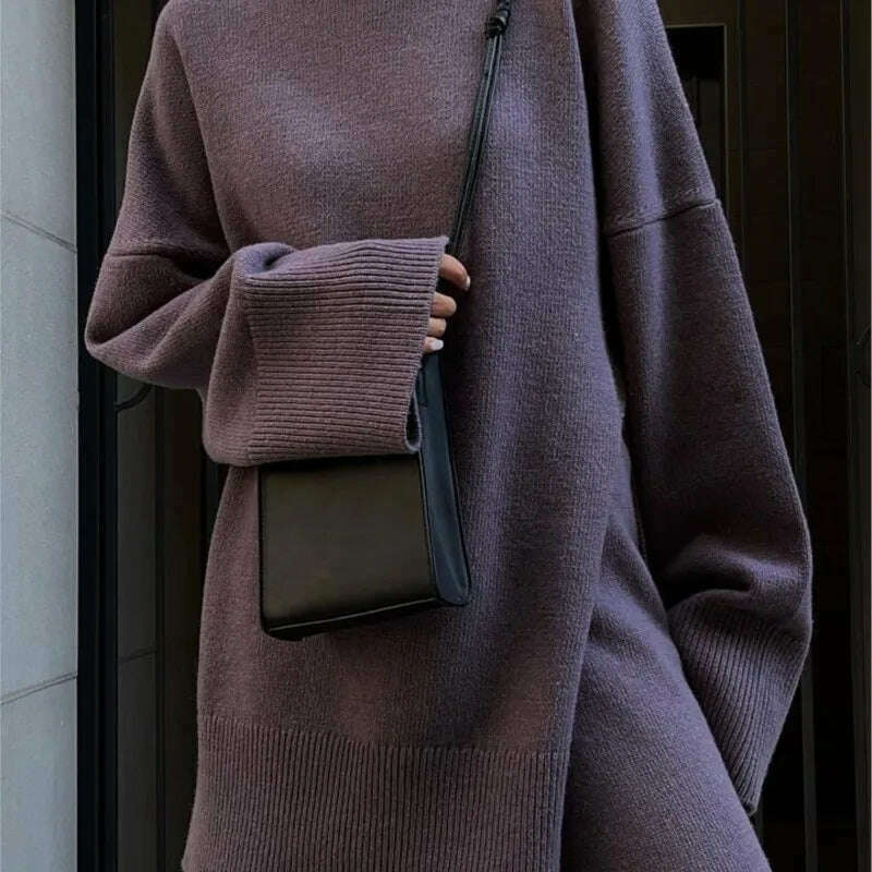 Elegant Knit Two Piece Set Women Turtleneck Side Split Sweater Long Sleeve Wide Leg Pants Female Sets 2023 Winter Loose Suit - KIMLUD