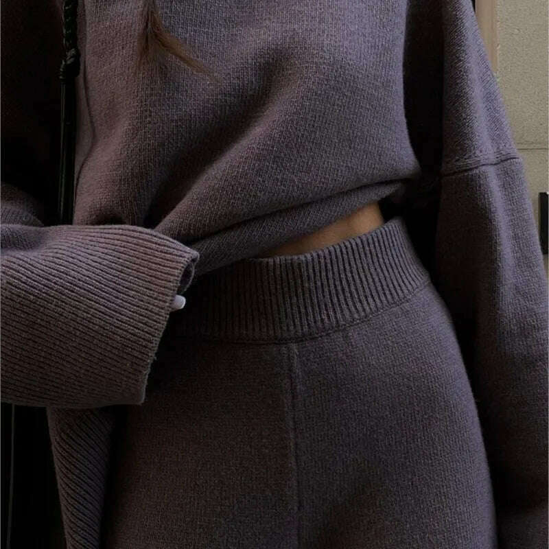 Elegant Knit Two Piece Set Women Turtleneck Side Split Sweater Long Sleeve Wide Leg Pants Female Sets 2023 Winter Loose Suit - KIMLUD