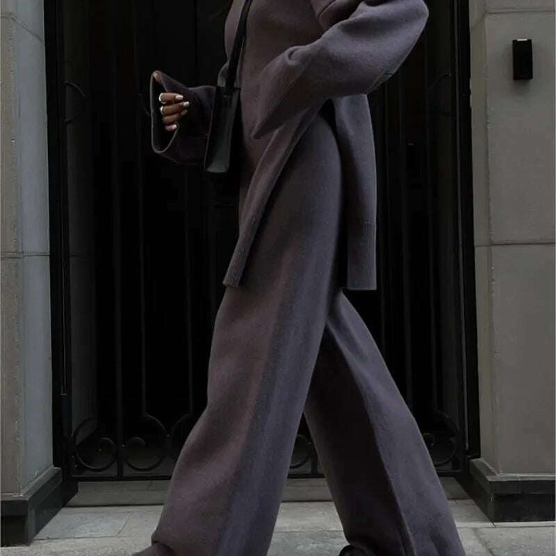 Elegant Knit Two Piece Set Women Turtleneck Side Split Sweater Long Sleeve Wide Leg Pants Female Sets 2023 Winter Loose Suit - KIMLUD