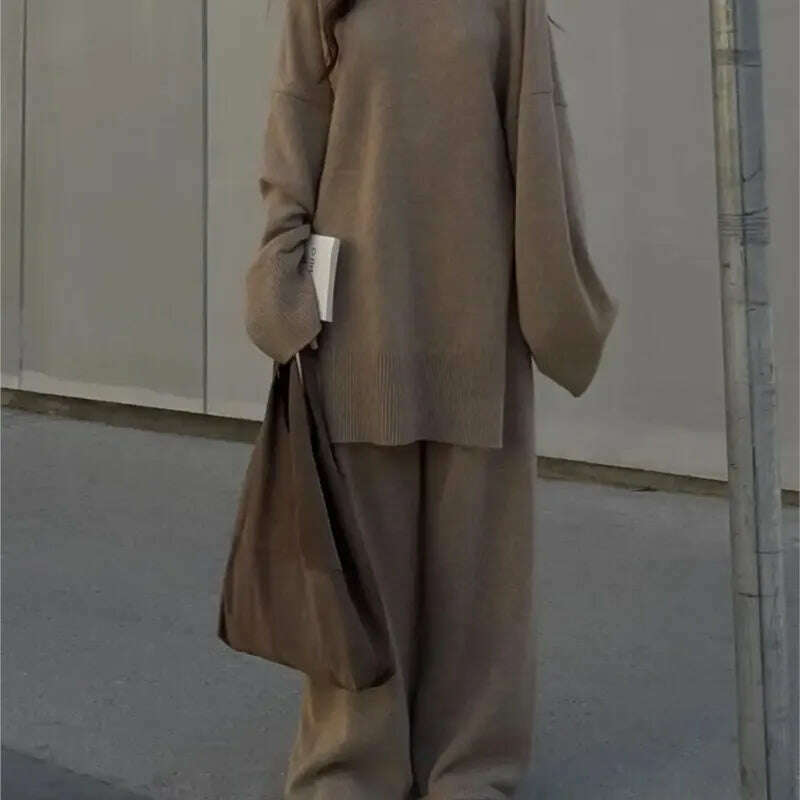 Elegant Knit Two Piece Set Women Turtleneck Side Split Sweater Long Sleeve Wide Leg Pants Female Sets 2023 Winter Loose Suit - KIMLUD