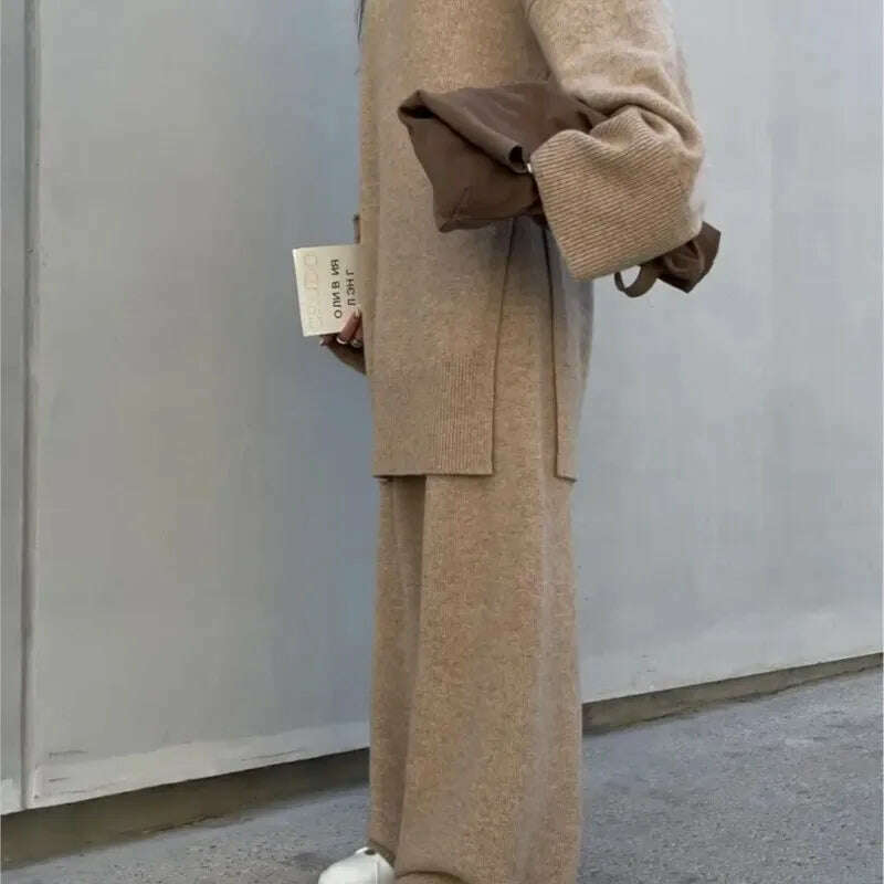 Elegant Knit Two Piece Set Women Turtleneck Side Split Sweater Long Sleeve Wide Leg Pants Female Sets 2023 Winter Loose Suit - KIMLUD