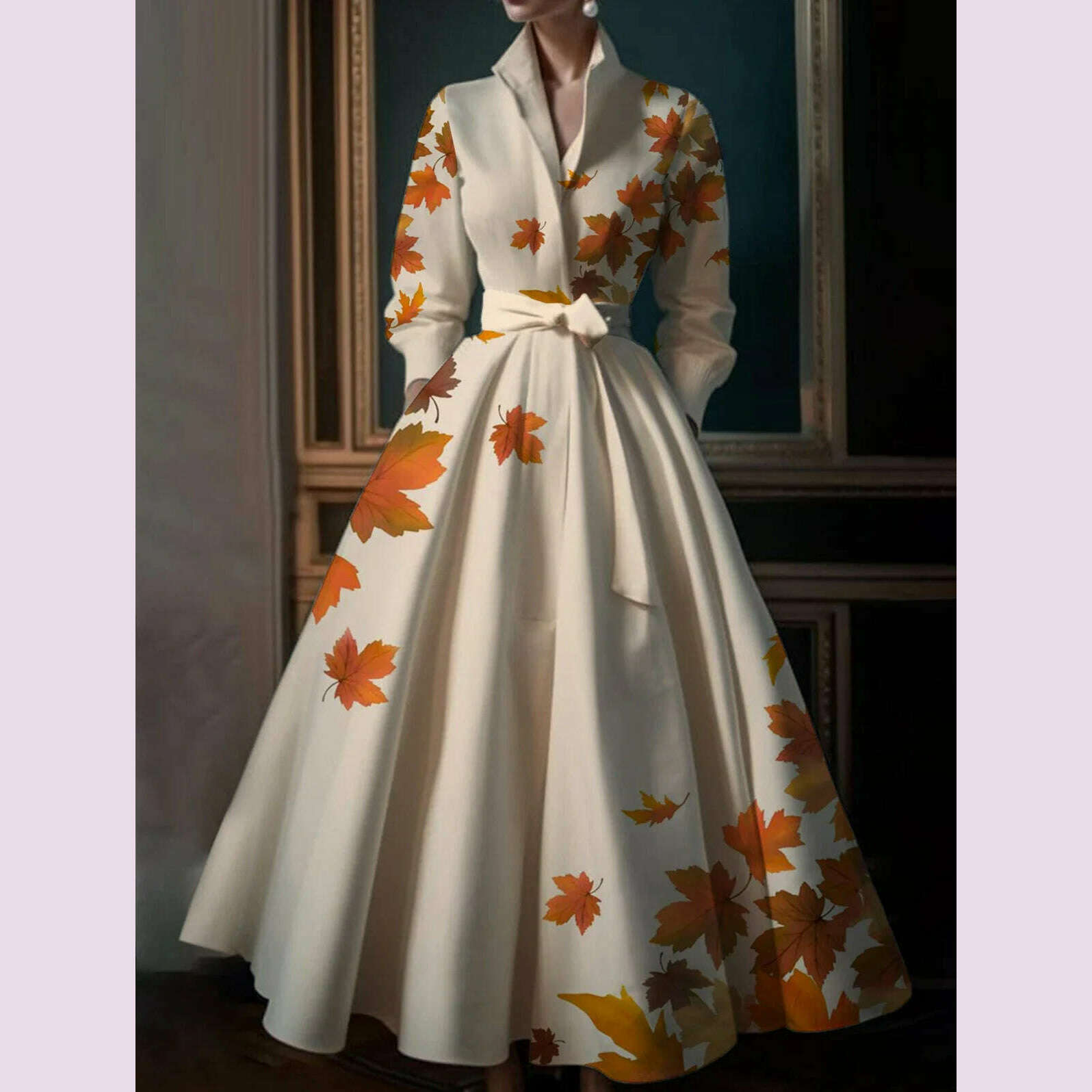 Elegant Leaf Pattern Maxi Dresses Multicolor Stand Collar Long Sleeve Cotton Long Dress Party Wedding Evening Dress 2024 - KIMLUD