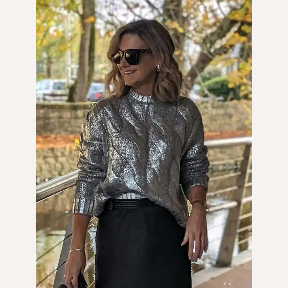 KIMLUD, Elegant Light Silver Women Cable Knitted Sweater Loose O Neck Long Sleeves Rib Knit Border Jumper 2023 Autumn Lady Chic Knitwear, KIMLUD Womens Clothes