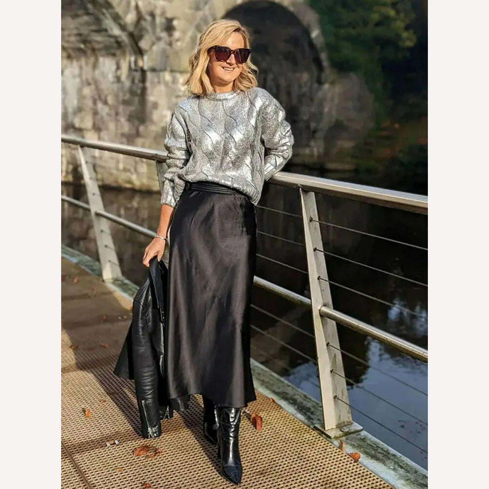KIMLUD, Elegant Light Silver Women Cable Knitted Sweater Loose O Neck Long Sleeves Rib Knit Border Jumper 2023 Autumn Lady Chic Knitwear, KIMLUD Womens Clothes