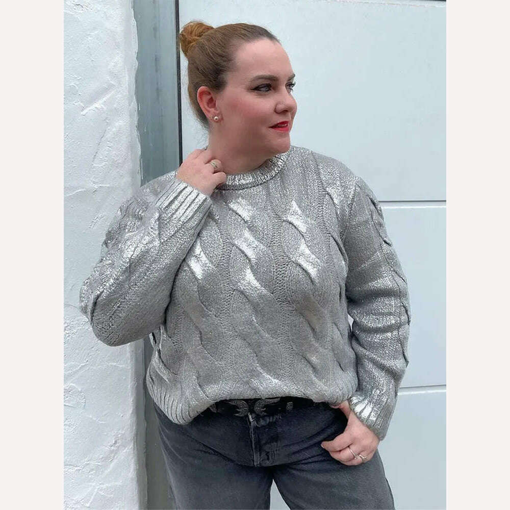 KIMLUD, Elegant Light Silver Women Cable Knitted Sweater Loose O Neck Long Sleeves Rib Knit Border Jumper 2023 Autumn Lady Chic Knitwear, KIMLUD Womens Clothes