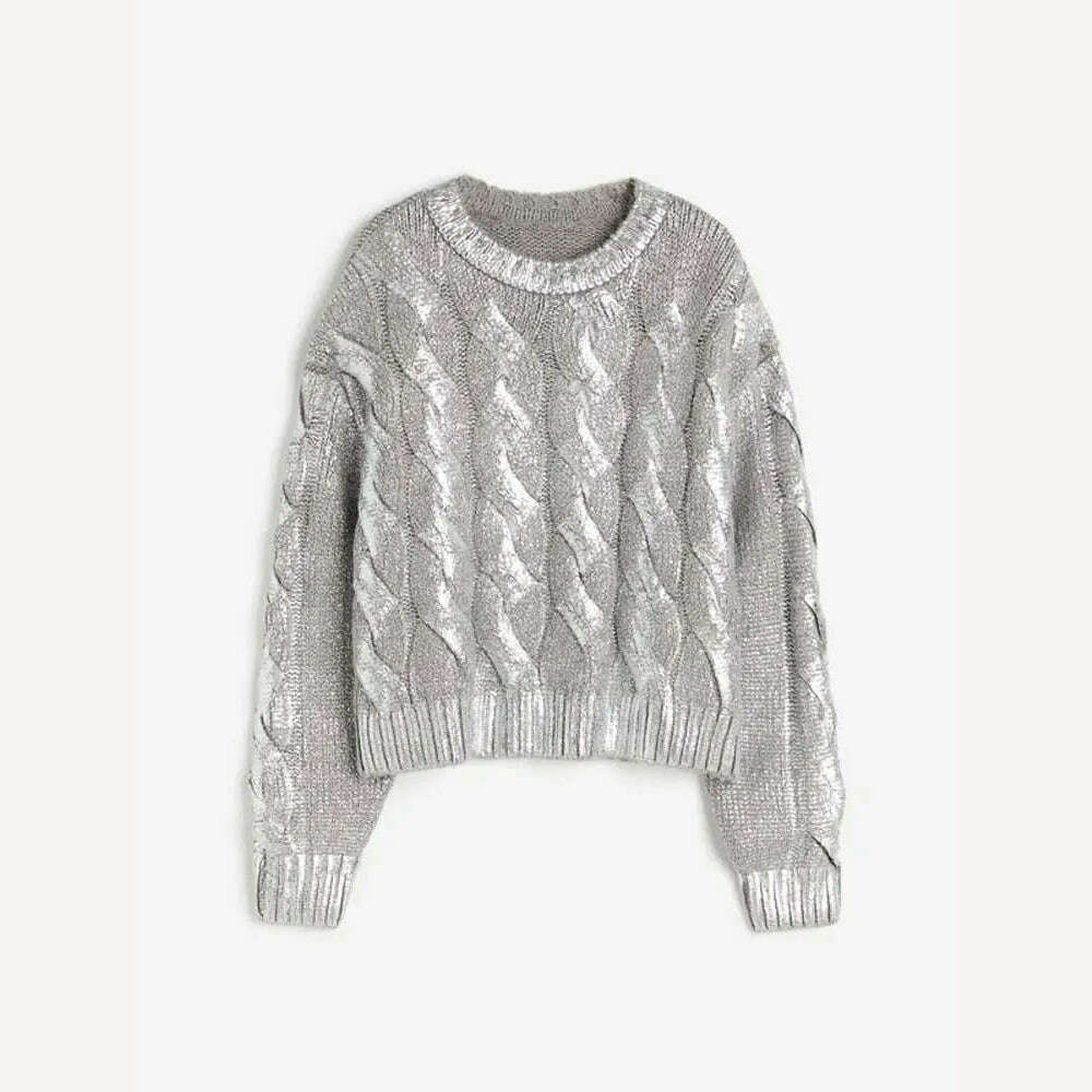 KIMLUD, Elegant Light Silver Women Cable Knitted Sweater Loose O Neck Long Sleeves Rib Knit Border Jumper 2023 Autumn Lady Chic Knitwear, Silver / S, KIMLUD APPAREL - Womens Clothes