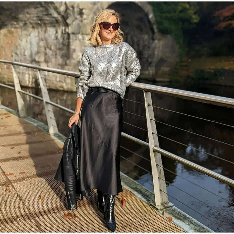KIMLUD, Elegant Light Silver Women Cable Knitted Sweater Loose O Neck Long Sleeves Rib Knit Border Jumper 2023 Autumn Lady Chic Knitwear, KIMLUD Womens Clothes