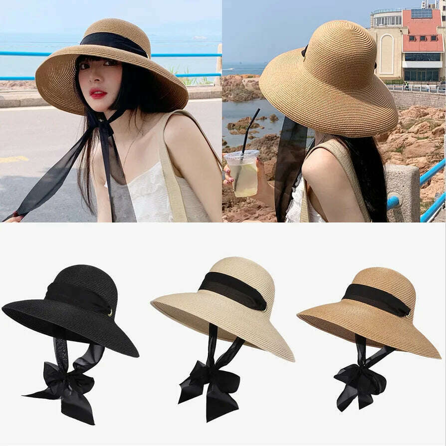 KIMLUD, Elegant Long Black Ribbon Straw Hats For Women Foldable Wide Brim Panama Beach Hat Female Fashion Holiday Photo Props Sun Caps, KIMLUD Womens Clothes
