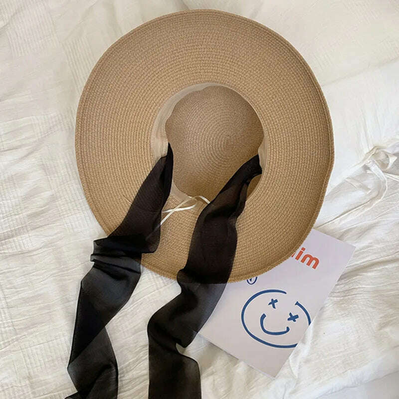 KIMLUD, Elegant Long Black Ribbon Straw Hats For Women Foldable Wide Brim Panama Beach Hat Female Fashion Holiday Photo Props Sun Caps, KIMLUD Womens Clothes