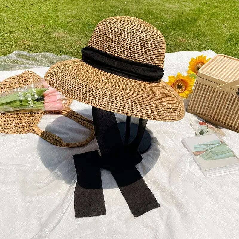 KIMLUD, Elegant Long Black Ribbon Straw Hats For Women Foldable Wide Brim Panama Beach Hat Female Fashion Holiday Photo Props Sun Caps, Khaki, KIMLUD Womens Clothes