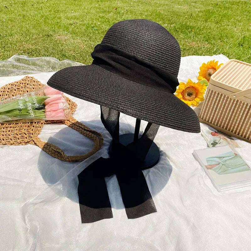 KIMLUD, Elegant Long Black Ribbon Straw Hats For Women Foldable Wide Brim Panama Beach Hat Female Fashion Holiday Photo Props Sun Caps, Black, KIMLUD Womens Clothes