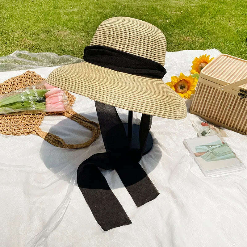 KIMLUD, Elegant Long Black Ribbon Straw Hats For Women Foldable Wide Brim Panama Beach Hat Female Fashion Holiday Photo Props Sun Caps, Beige, KIMLUD Womens Clothes