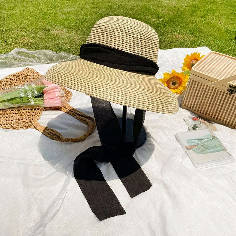 Elegant Long Black Ribbon Straw Hats For Women Foldable Wide Brim Panama Beach Hat Female Fashion Holiday Photo Props Sun Caps - KIMLUD
