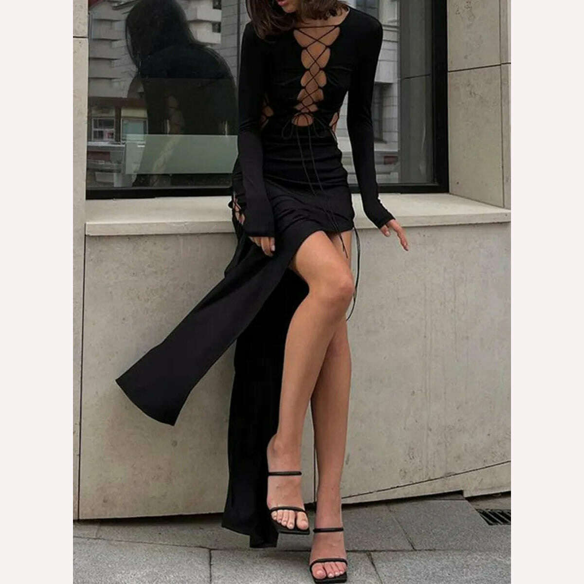 KIMLUD, Elegant Long Dress Women Long Sleeve Cross Tie-Up Cutout High Slit Dress Autumn Party Evening Vintage Dresses, KIMLUD Womens Clothes