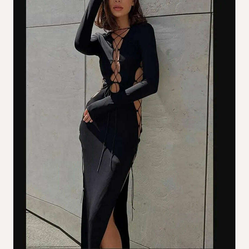 KIMLUD, Elegant Long Dress Women Long Sleeve Cross Tie-Up Cutout High Slit Dress Autumn Party Evening Vintage Dresses, KIMLUD Womens Clothes