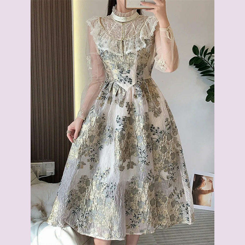 KIMLUD, Elegant Luxury Mesh Flower Embroidery Patchwork Jacquard Dress Women Stand Collar Shawl Ruffles Floral Evening Party Vestidos, Beige / XL, KIMLUD APPAREL - Womens Clothes
