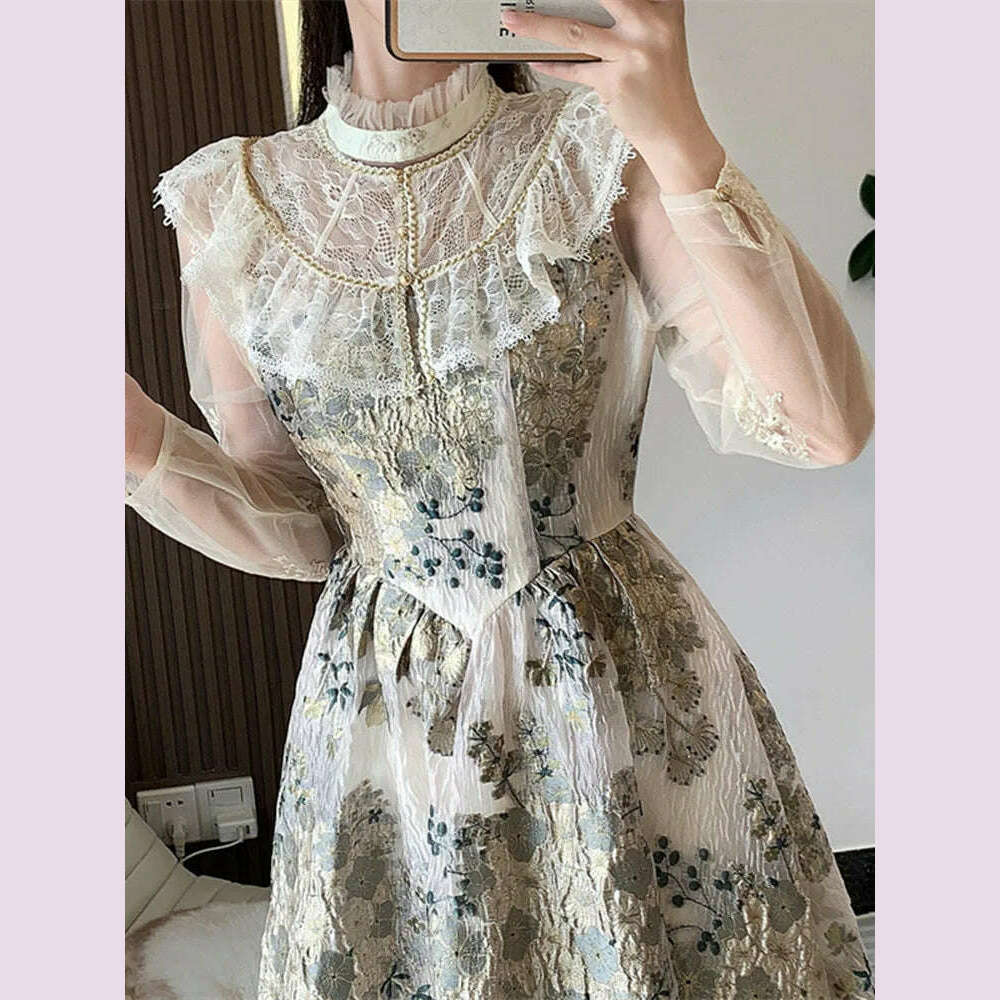 KIMLUD, Elegant Luxury Mesh Flower Embroidery Patchwork Jacquard Dress Women Stand Collar Shawl Ruffles Floral Evening Party Vestidos, KIMLUD Womens Clothes