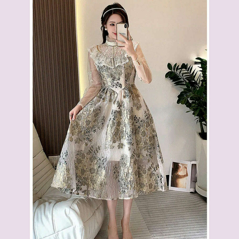 KIMLUD, Elegant Luxury Mesh Flower Embroidery Patchwork Jacquard Dress Women Stand Collar Shawl Ruffles Floral Evening Party Vestidos, KIMLUD Womens Clothes