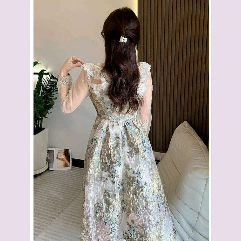 KIMLUD, Elegant Luxury Mesh Flower Embroidery Patchwork Jacquard Dress Women Stand Collar Shawl Ruffles Floral Evening Party Vestidos, KIMLUD Womens Clothes