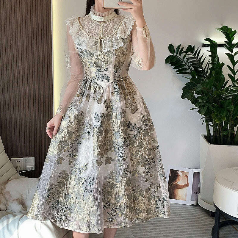 KIMLUD, Elegant Luxury Mesh Flower Embroidery Patchwork Jacquard Dress Women Stand Collar Shawl Ruffles Floral Evening Party Vestidos, KIMLUD Womens Clothes