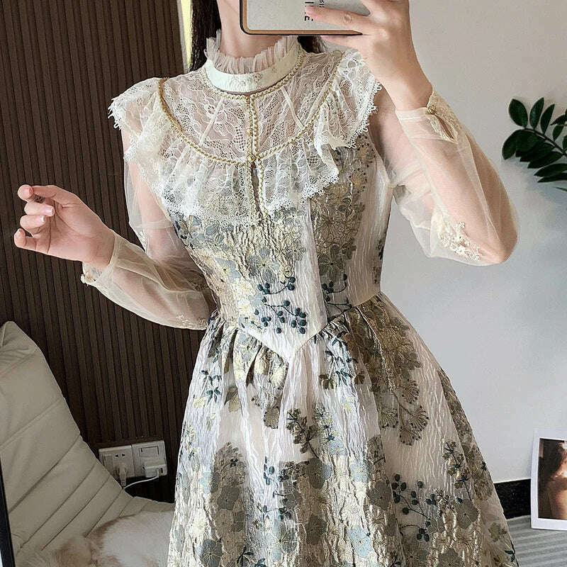 KIMLUD, Elegant Luxury Mesh Flower Embroidery Patchwork Jacquard Dress Women Stand Collar Shawl Ruffles Floral Evening Party Vestidos, KIMLUD Womens Clothes
