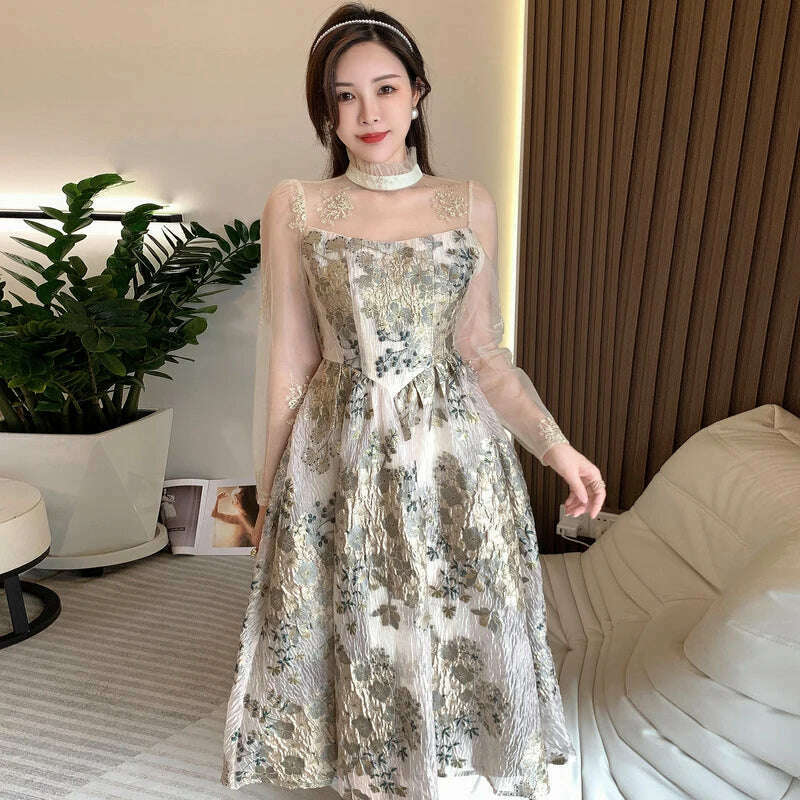 KIMLUD, Elegant Luxury Mesh Flower Embroidery Patchwork Jacquard Dress Women Stand Collar Shawl Ruffles Floral Evening Party Vestidos, KIMLUD Womens Clothes
