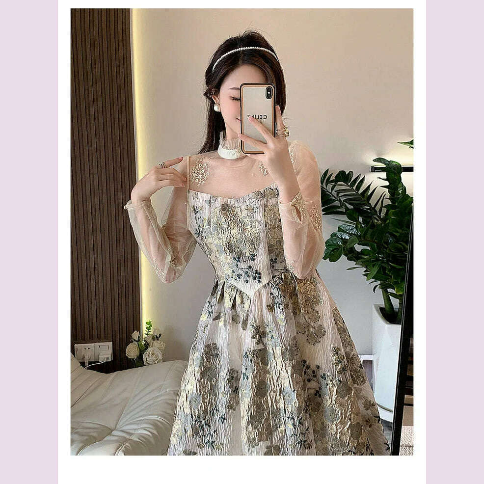 KIMLUD, Elegant Luxury Mesh Flower Embroidery Patchwork Jacquard Dress Women Stand Collar Shawl Ruffles Floral Evening Party Vestidos, KIMLUD Womens Clothes
