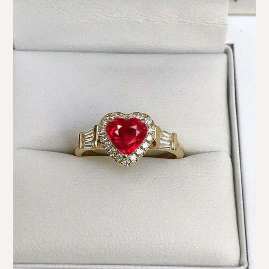 KIMLUD, Elegant Noble Gold Color Heart Ring for Women Fashion Inlaid White Zircon Stones Wedding Rings Bride Engagement Jewelry, 5 / red, KIMLUD Women's Clothes
