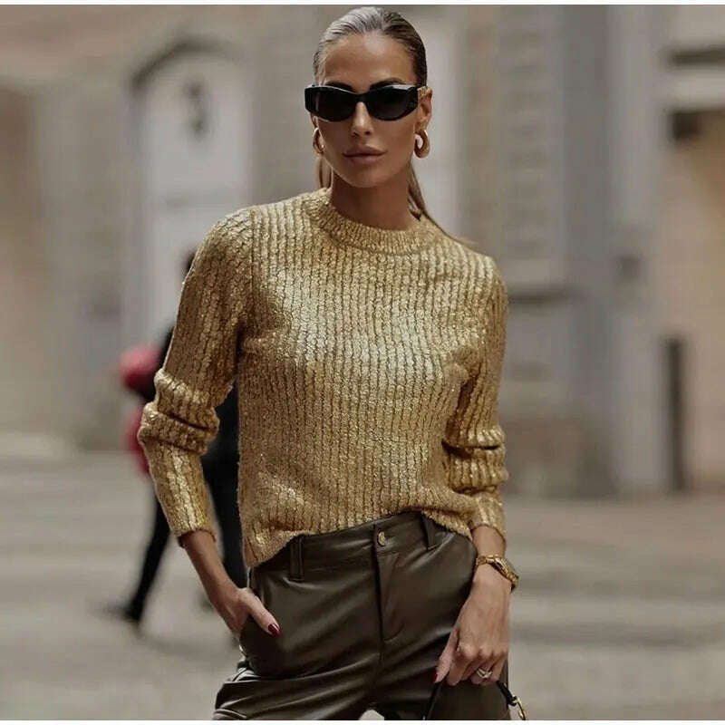 KIMLUD, Elegant O-Neck Gold Bright Silk Women's Sweaters 2023 Autumn Winter Causal Long Sleeve Knitted Pullover Party Slim Wild knitwear, KIMLUD Womens Clothes