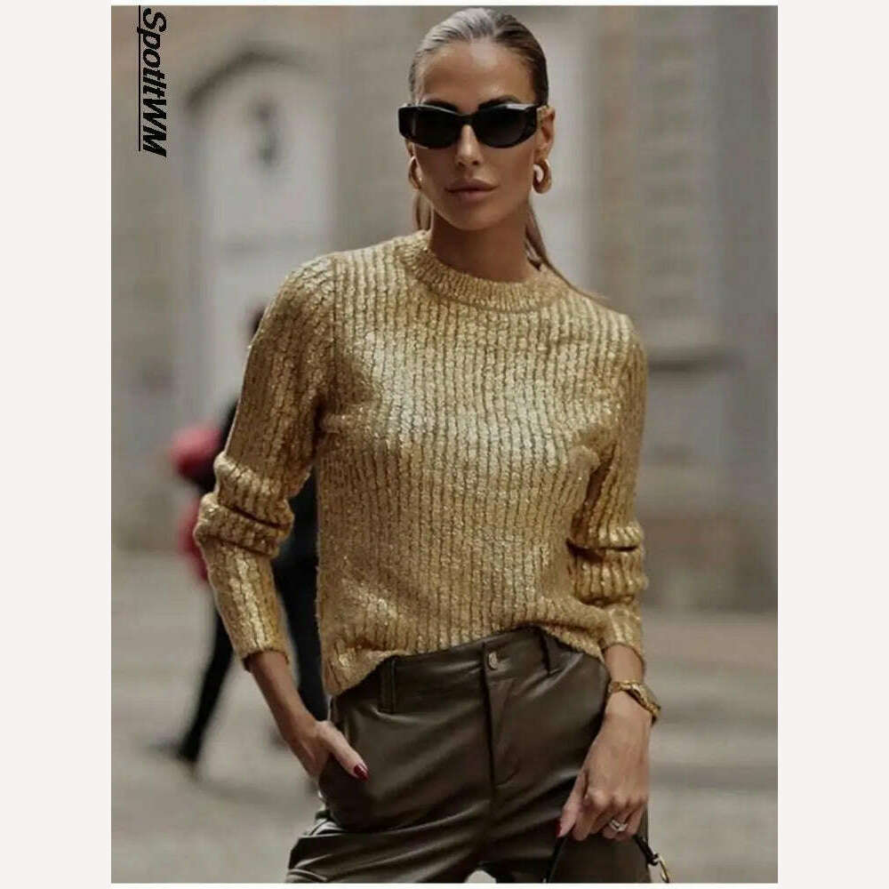 Elegant O-Neck Gold Bright Silk Women's Sweaters 2023 Autumn Winter Causal Long Sleeve Knitted Pullover Party Slim Wild knitwear, KIMLUD Women's Clothes