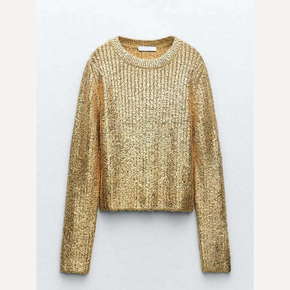 Elegant O-Neck Gold Bright Silk Women's Sweaters 2023 Autumn Winter Causal Long Sleeve Knitted Pullover Party Slim Wild knitwear, KIMLUD Women's Clothes
