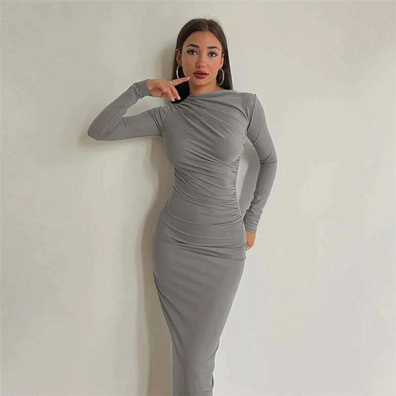 KIMLUD, Elegant O-neck Long Sleeve Folds Tunics Bodycon Dresses for Women Autumn Winter Office Lady High Waist Party Evening Dress 2023, Light Gray / S, KIMLUD Womens Clothes