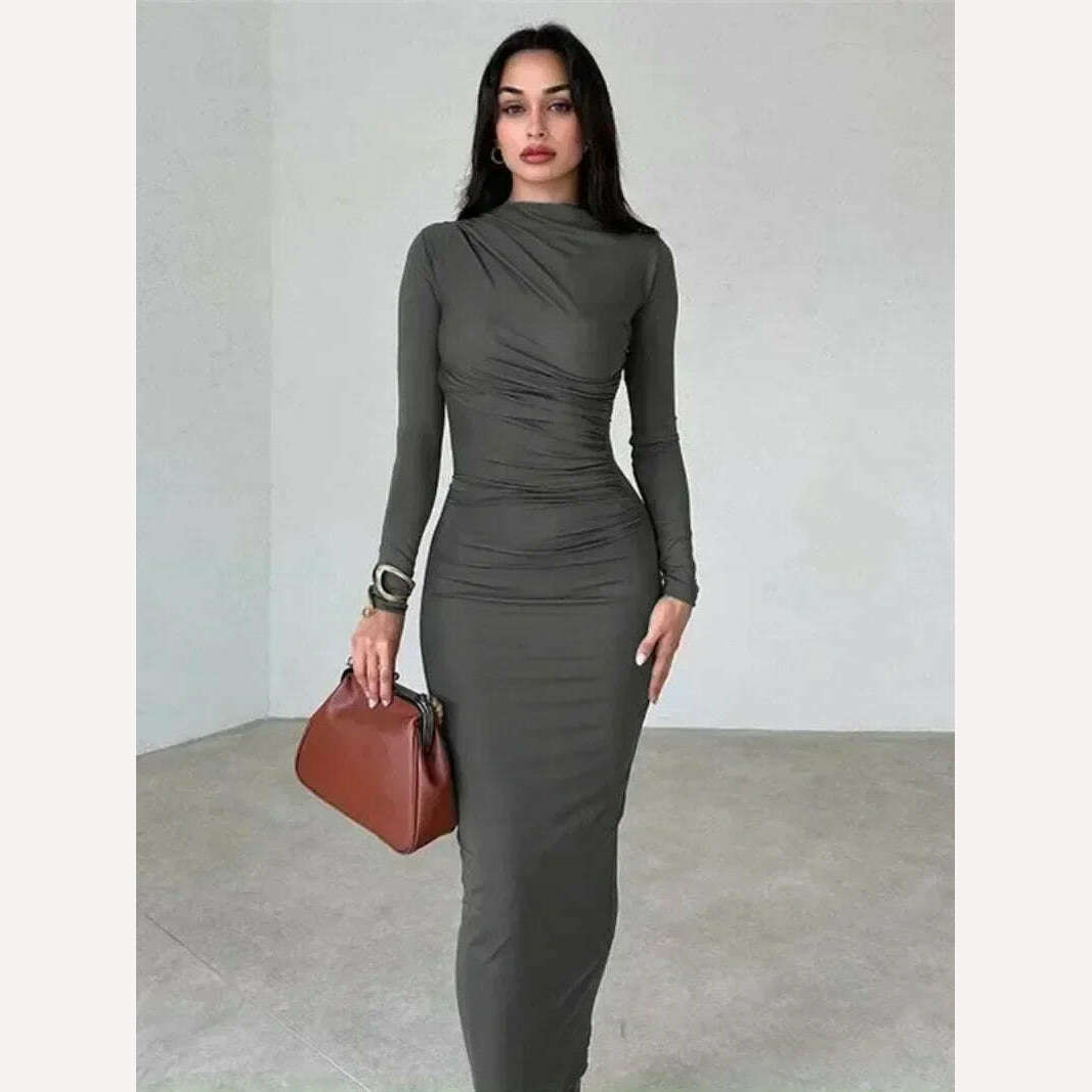 KIMLUD, Elegant O-neck Long Sleeve Folds Tunics Bodycon Dresses for Women Autumn Winter Office Lady High Waist Party Evening Dress 2023, KIMLUD Womens ClothesKIMLUD, Elegant O-neck Long Sleeve Folds Tunics Bodycon Dresses for Women Autumn Winter Office Lady High Waist Party Evening Dress 2023, Dark Gray / S, KIMLUD APPAREL - Womens Clothes
