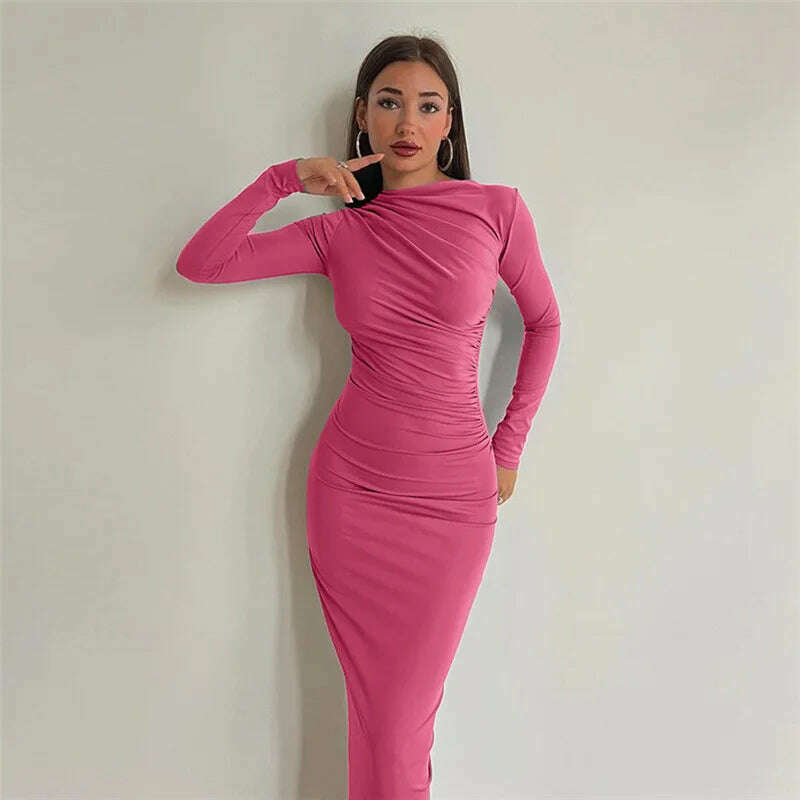 KIMLUD, Elegant O-neck Long Sleeve Folds Tunics Bodycon Dresses for Women Autumn Winter Office Lady High Waist Party Evening Dress 2023, Rose Red / S, KIMLUD Womens Clothes