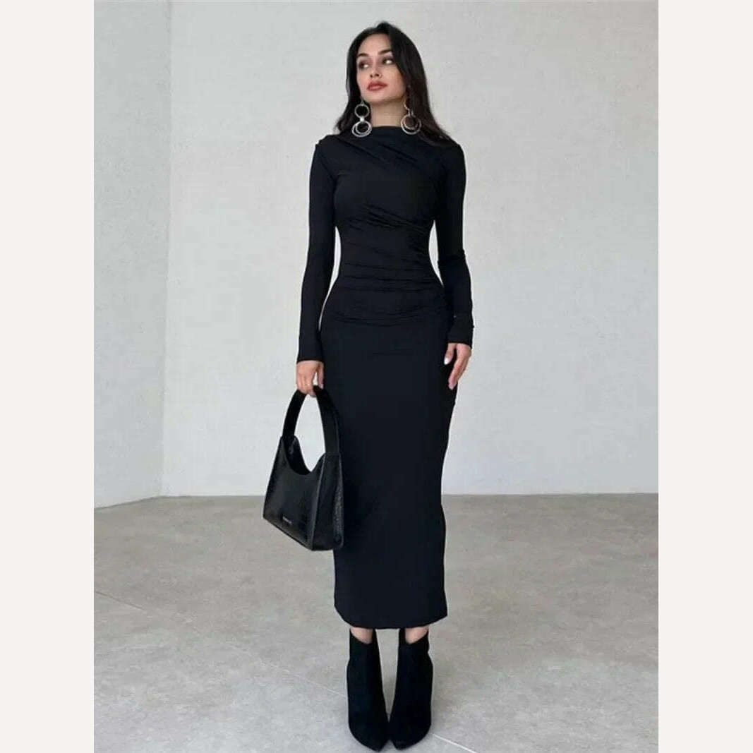 KIMLUD, Elegant O-neck Long Sleeve Folds Tunics Bodycon Dresses for Women Autumn Winter Office Lady High Waist Party Evening Dress 2023, KIMLUD Womens Clothes