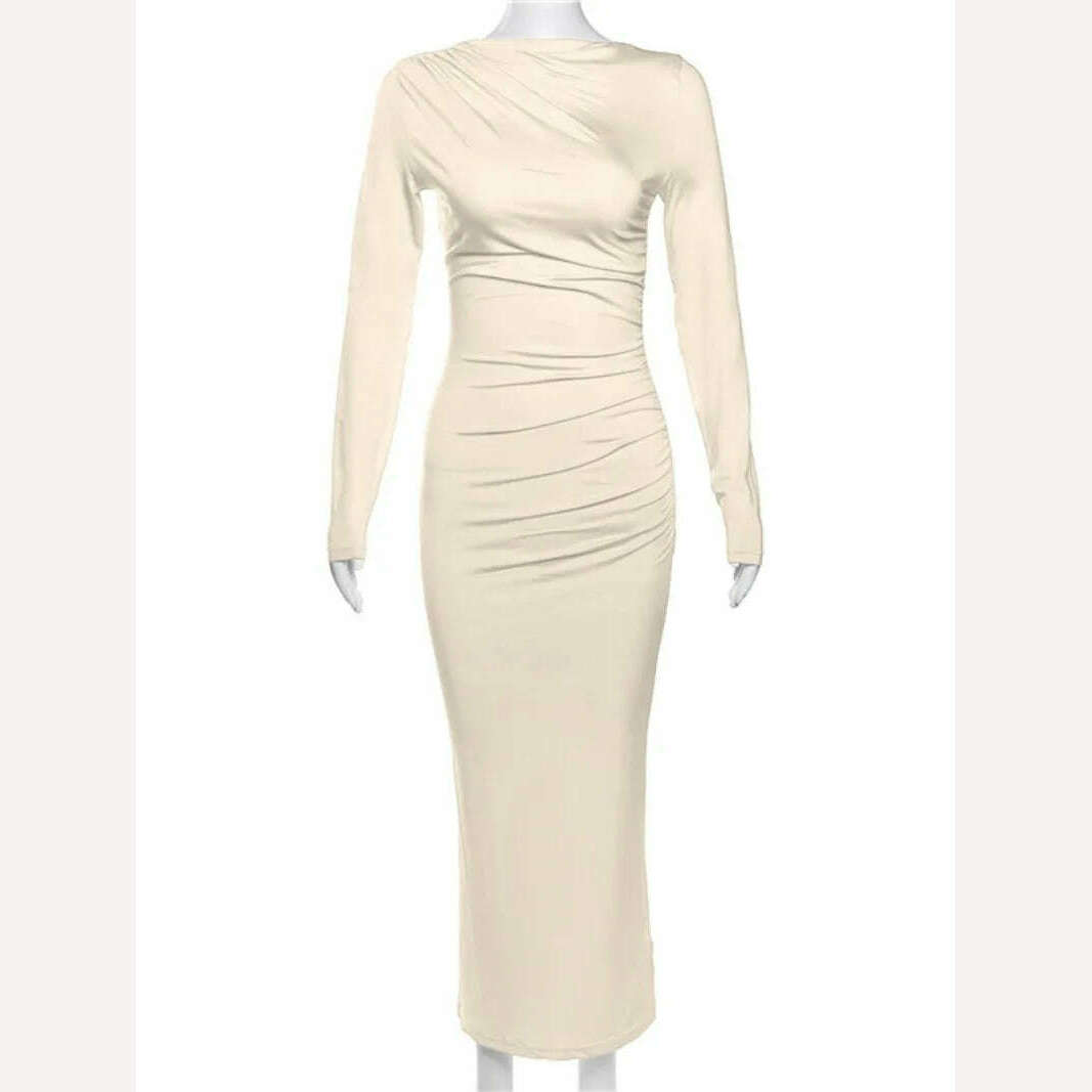 KIMLUD, Elegant O-neck Long Sleeve Folds Tunics Bodycon Dresses for Women Autumn Winter Office Lady High Waist Party Evening Dress 2023, KIMLUD Women's Clothes