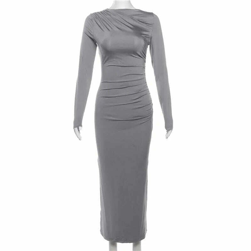 KIMLUD, Elegant O-neck Long Sleeve Folds Tunics Bodycon Dresses for Women Autumn Winter Office Lady High Waist Party Evening Dress 2023, KIMLUD Women's Clothes