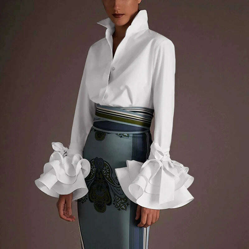 Elegant Office Blouse Women Fashion Shirts Tunic 2024 VONDA Long Flare Sleeve Tops Casual Solid Buttons Party Blusas Femininas - KIMLUD