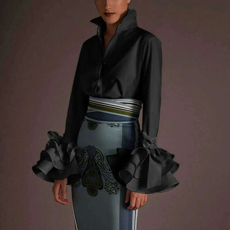 Elegant Office Blouse Women Fashion Shirts Tunic 2024 VONDA Long Flare Sleeve Tops Casual Solid Buttons Party Blusas Femininas - KIMLUD