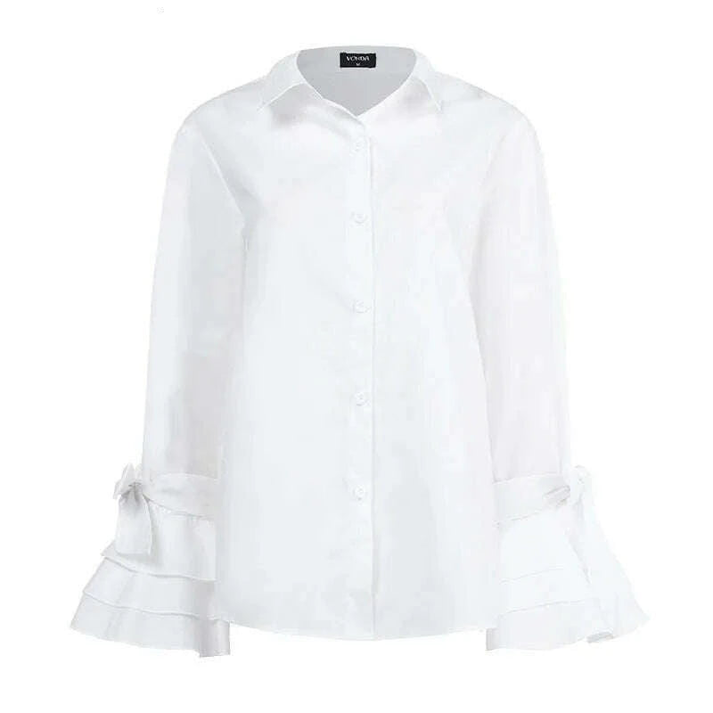 KIMLUD, Elegant Office Blouse Women Fashion Shirts Tunic 2024 VONDA Long Flare Sleeve Tops Casual Solid Buttons Party Blusas Femininas, KIMLUD Women's Clothes