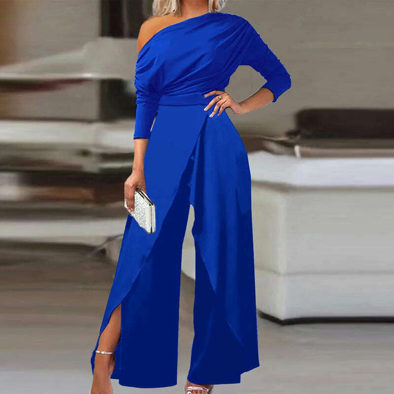 KIMLUD, Elegant One Shoulder Women Party Romper Fashion Pattern Abstract Printed Jumpsuits Vintage Patchwork Wide Leg Playsuit Overalls, 03 Blue / S, KIMLUD APPAREL - Womens Clothes