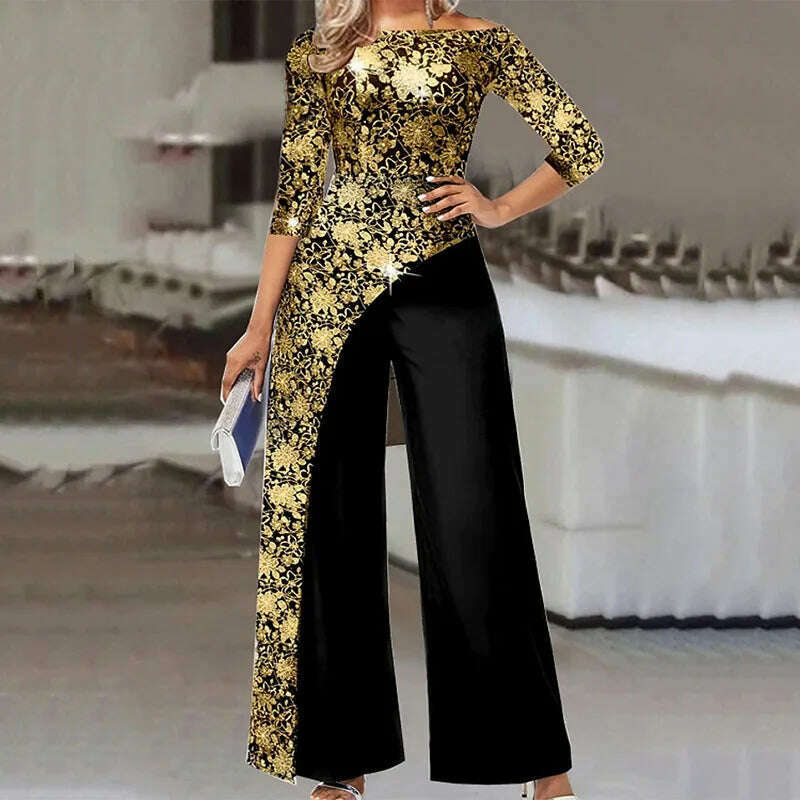 KIMLUD, Elegant One Shoulder Women Party Romper Fashion Pattern Abstract Printed Jumpsuits Vintage Patchwork Wide Leg Playsuit Overalls, Gold Patchwork / S, KIMLUD APPAREL - Womens Clothes