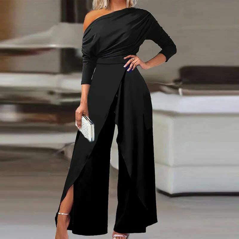 KIMLUD, Elegant One Shoulder Women Party Romper Fashion Pattern Abstract Printed Jumpsuits Vintage Patchwork Wide Leg Playsuit Overalls, 01 Black / S, KIMLUD APPAREL - Womens Clothes