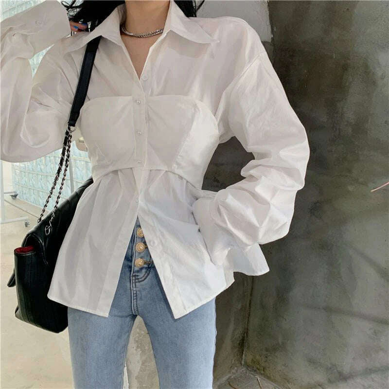 Elegant Patchwork Shirts Women Korean Fake Two Pieces White Blouses Streetwear Office Outfits Fashion Long Sleeve Chic Tops New - KIMLUD