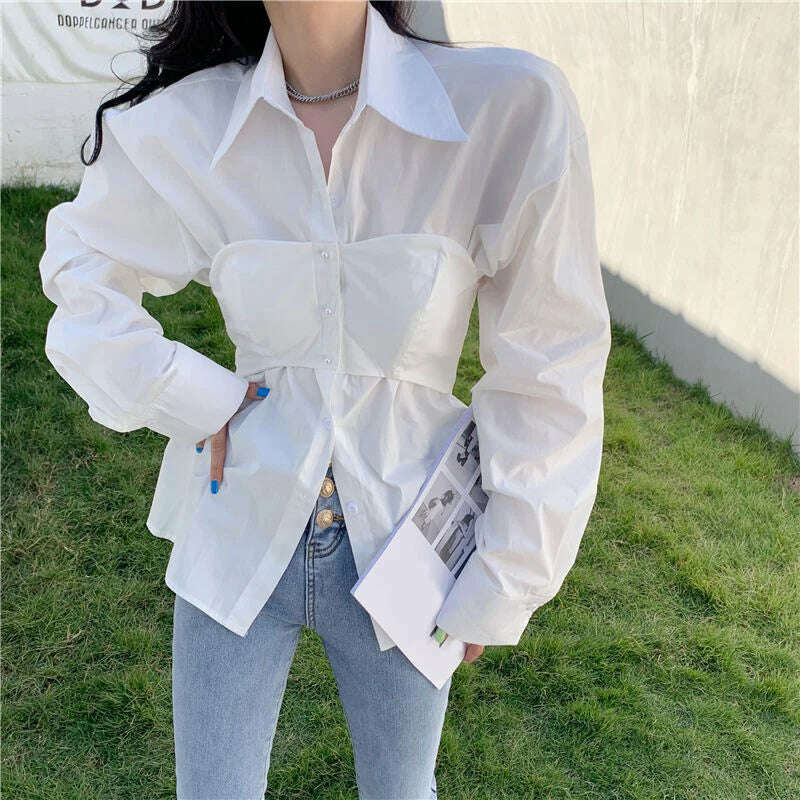 Elegant Patchwork Shirts Women Korean Fake Two Pieces White Blouses Streetwear Office Outfits Fashion Long Sleeve Chic Tops New - KIMLUD