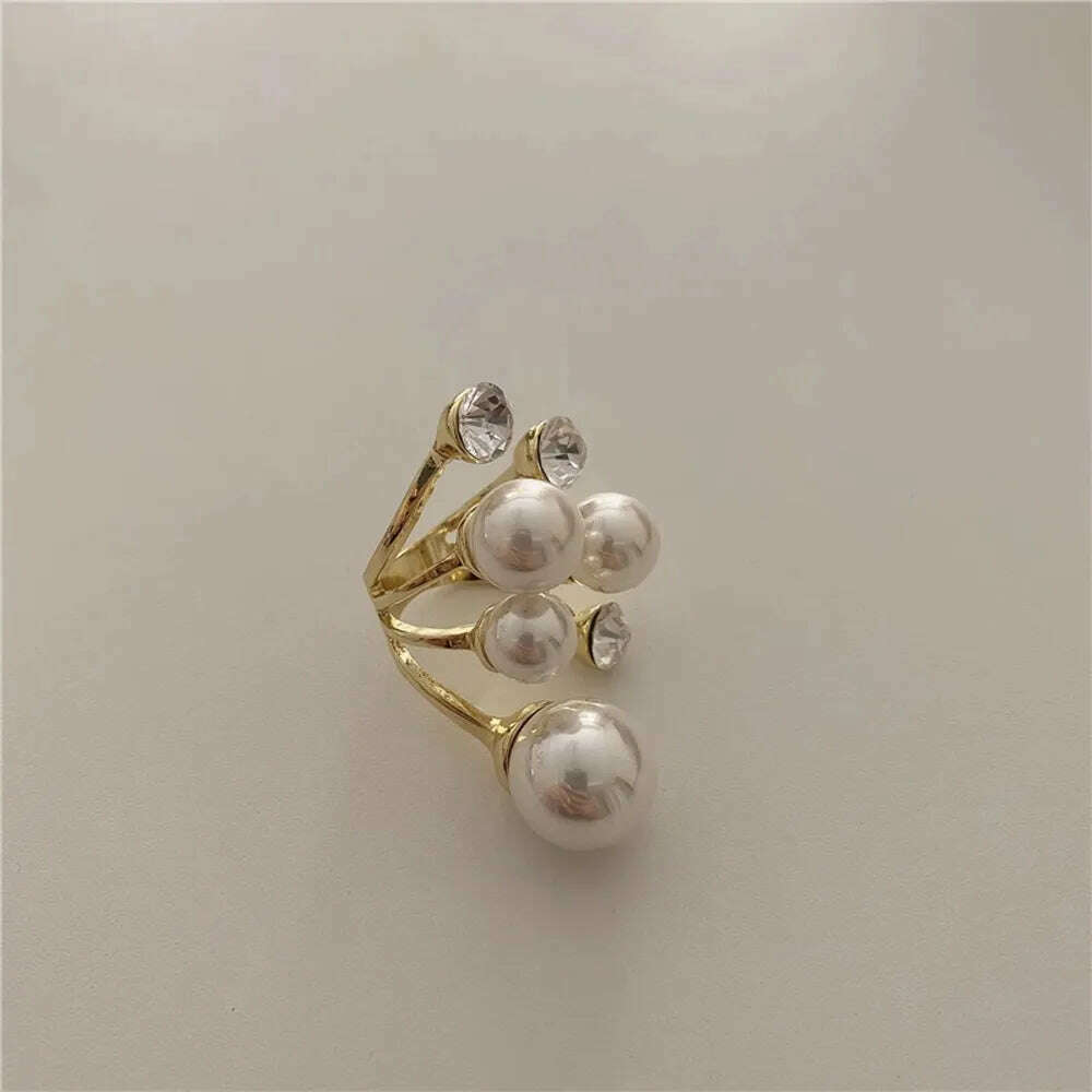 KIMLUD, Elegant Retro Oversize Multi Pearl Rings for Women Lady Shiny Crystal Rhinestone Irregular Charm Open Rings Jewelry, KIMLUD Womens Clothes