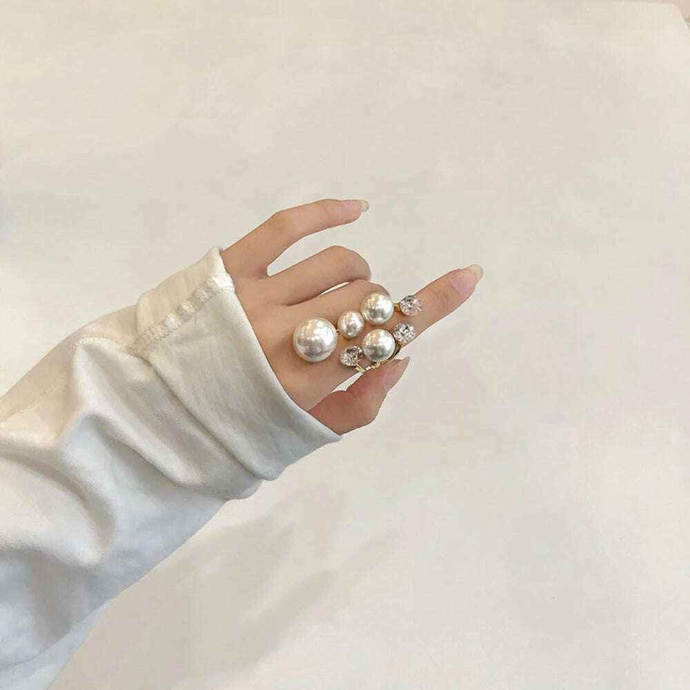 KIMLUD, Elegant Retro Oversize Multi Pearl Rings for Women Lady Shiny Crystal Rhinestone Irregular Charm Open Rings Jewelry, KIMLUD Womens Clothes