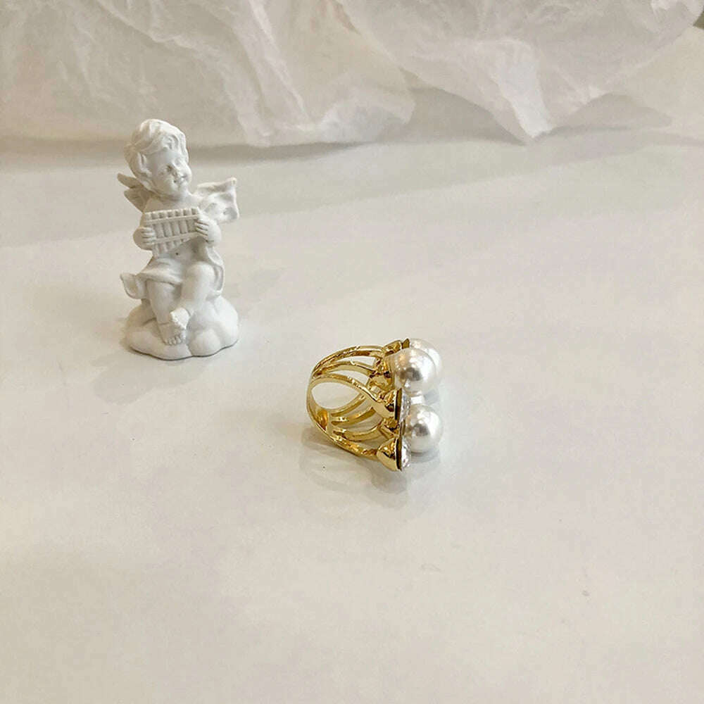 KIMLUD, Elegant Retro Oversize Multi Pearl Rings for Women Lady Shiny Crystal Rhinestone Irregular Charm Open Rings Jewelry, KIMLUD Womens Clothes